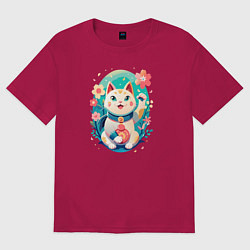 Мужская футболка оверсайз Манеки Неко, белая кошка удачи с сакурой