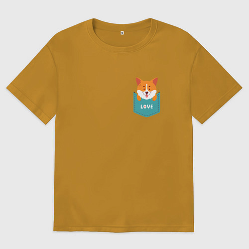 Мужская футболка оверсайз Милый щенок корги в кармашке / Горчичный – фото 1