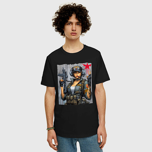 Мужская футболка оверсайз Cool military girl - graffiti / Черный – фото 3