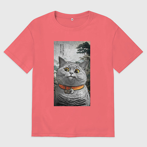 Мужская футболка оверсайз Мемный кот в японском стиле / Коралловый – фото 1