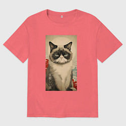Футболка оверсайз мужская Мемный кот - японский стиль, цвет: коралловый
