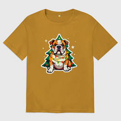 Мужская футболка оверсайз Новогодний бульдог запутался в гирлянде