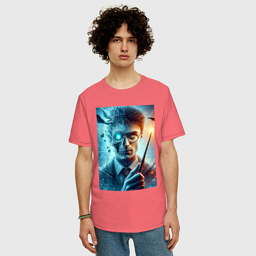 Мужская футболка оверсайз Harry Potter - wizard with magic stick / Коралловый – фото 3