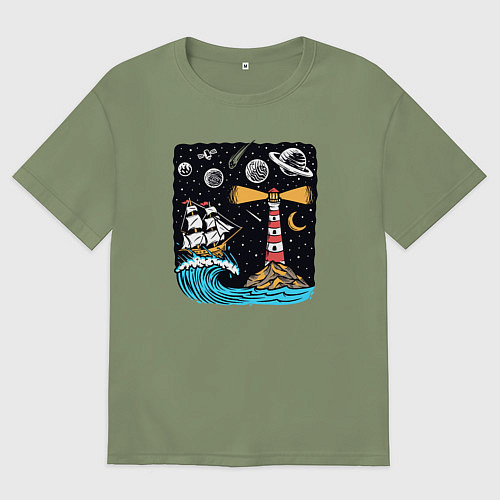 Мужская футболка оверсайз Маяк и парусник / Авокадо – фото 1