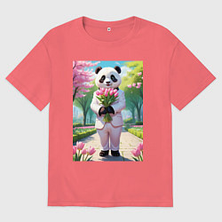 Мужская футболка оверсайз Панда с букетом тюльпанов