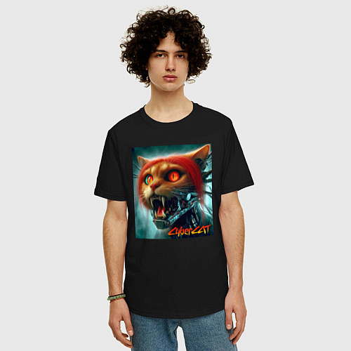 Мужская футболка оверсайз Super cyber red cat - ai art fantasy / Черный – фото 3