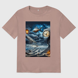 Мужская футболка оверсайз Психоделический пейзаж с часами и рыбой