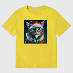 Мужская футболка оверсайз Новогодний кибер котик - нейроарт