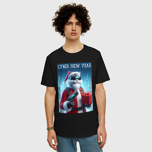 Мужская футболка оверсайз Кот с пистолетом и подарком / Черный – фото 3