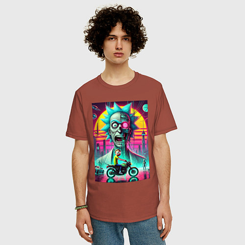 Мужская футболка оверсайз Кибер Рик и Морти на мотоцикле / Кирпичный – фото 3
