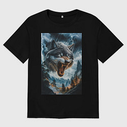 Футболка оверсайз мужская Голова волка с оскаленной пастью, цвет: черный
