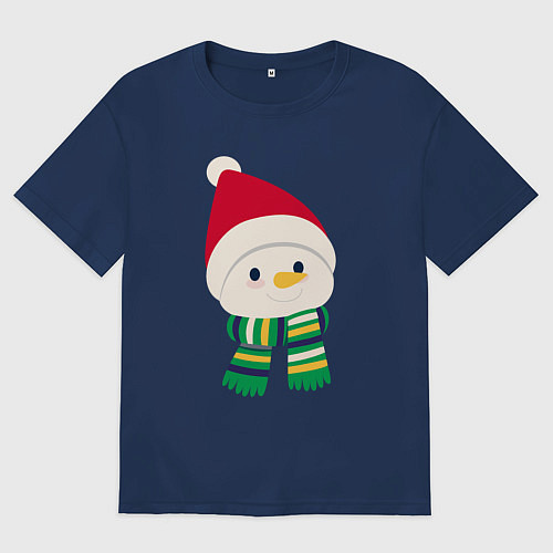 Мужская футболка оверсайз Праздничный снеговик в красной шапочке / Тёмно-синий – фото 1