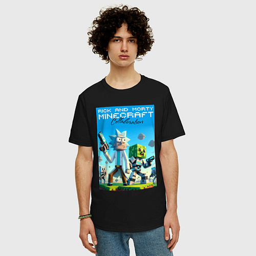 Мужская футболка оверсайз Rick and Morty Minecraft - collaboration / Черный – фото 3