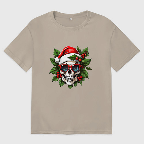 Мужская футболка оверсайз Рождественский венок с черепом / Миндальный – фото 1