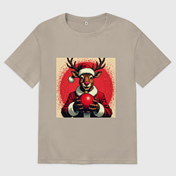 Мужская футболка оверсайз Рождественский олень Рудольф в шапке Санты