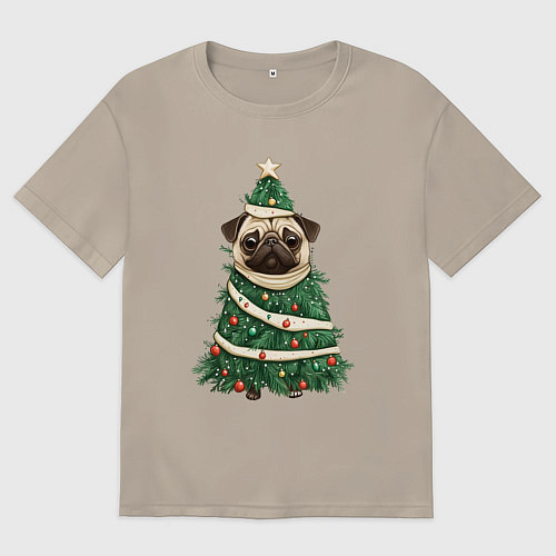 Мужская футболка оверсайз Новогодняя елка мопс / Миндальный – фото 1
