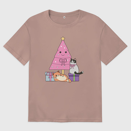 Мужская футболка оверсайз Котики под елкой / Пыльно-розовый – фото 1