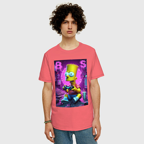 Мужская футболка оверсайз Bart Simpson - cool gamer / Коралловый – фото 3