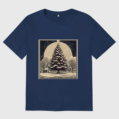 Мужская футболка оверсайз Марка с наряженной елкой - нейросеть / Тёмно-синий – фото 1