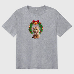 Футболка оверсайз мужская Новогодний котик с рождественским венком, цвет: меланж