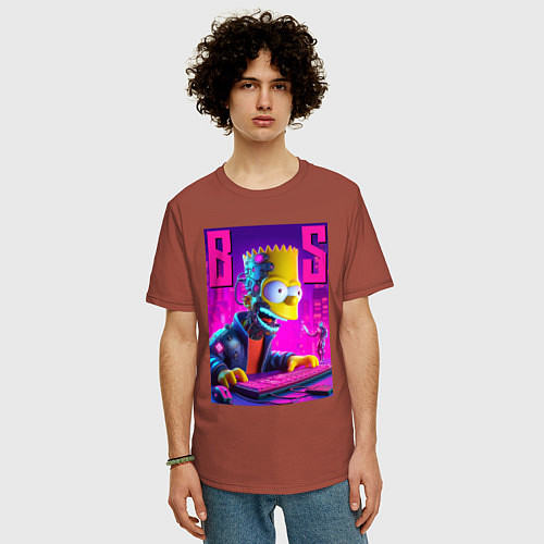 Мужская футболка оверсайз Bart Simpson - cyber gamer / Кирпичный – фото 3