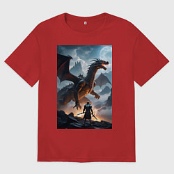 Футболка оверсайз мужская Сражение с драконом, цвет: красный