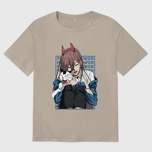 Мужская футболка оверсайз Человек-бензопила Пауэр и кошка / Миндальный – фото 1