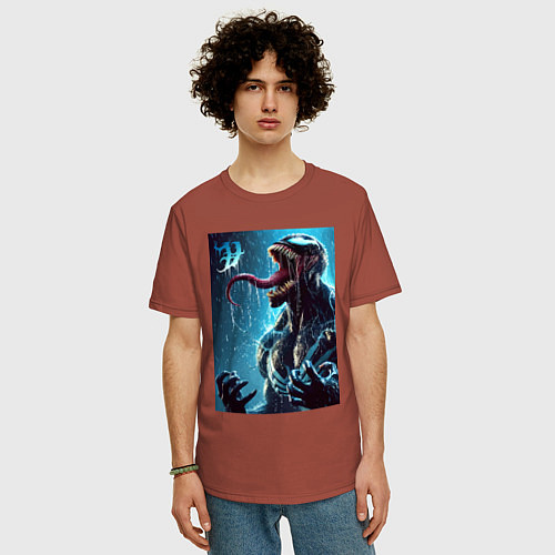 Мужская футболка оверсайз Веном под проливным дождём - нейроарт фантазия / Кирпичный – фото 3