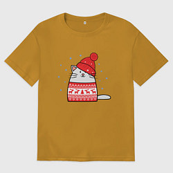 Мужская футболка оверсайз Кот в свитере с оленями и красной шапке