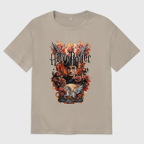 Мужская футболка оверсайз Гарри Поттер на фоне феникса и пегаса / Миндальный – фото 1