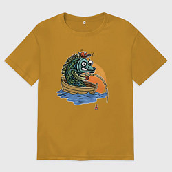 Футболка оверсайз мужская Увлеченная рыба-рыбак ловит рыбу удочкой, цвет: горчичный