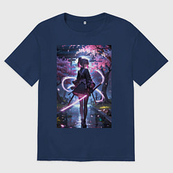 Футболка оверсайз мужская Девушка с катаной на фоне цветущей сакуры, цвет: тёмно-синий