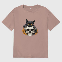 Мужская футболка оверсайз Кошка обнимает череп