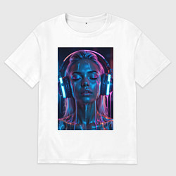 Мужская футболка оверсайз Девушка с наушниками в неоне