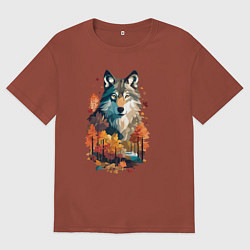 Мужская футболка оверсайз Волк и осенний лес