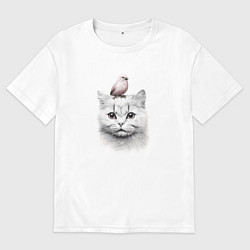 Мужская футболка оверсайз Котик с птичкой