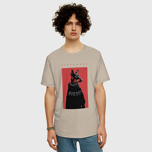 Мужская футболка оверсайз Порода Доберман - половинка пары / Миндальный – фото 3