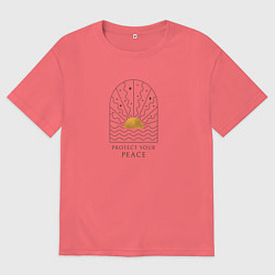 Футболка оверсайз мужская Эмблема с солнцем в стиле бохо с надписью, цвет: коралловый