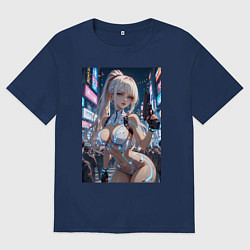 Футболка оверсайз мужская Девушка с пистолетом с киберимплантами, цвет: тёмно-синий
