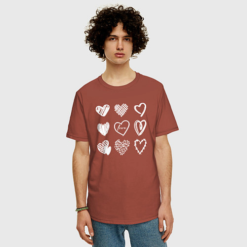 Мужская футболка оверсайз Hearts love hand draw / Кирпичный – фото 3