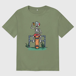 Футболка оверсайз мужская Скелетик скейтер с пиццей, цвет: авокадо