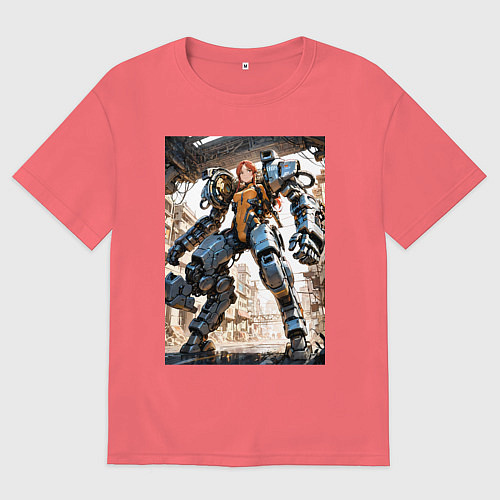 Мужская футболка оверсайз Девушка управляет огромным мехом / Коралловый – фото 1