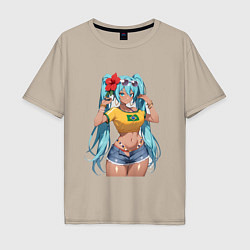 Футболка оверсайз мужская Miku Hatsune с цветком, цвет: миндальный