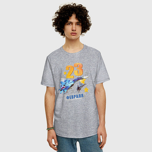 Мужская футболка оверсайз 23 февраля - самолет / Меланж – фото 3