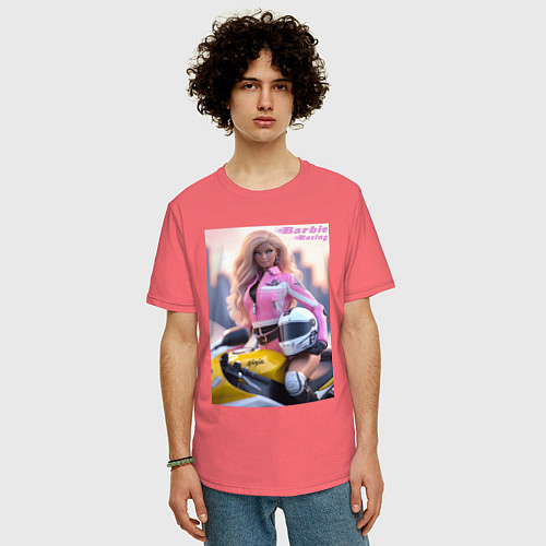Мужская футболка оверсайз Barbie racing - Kawasaki Ninja / Коралловый – фото 3