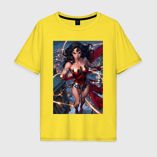 Мужская футболка оверсайз Чудо-женщина на крыше с городским фоном / Желтый – фото 1