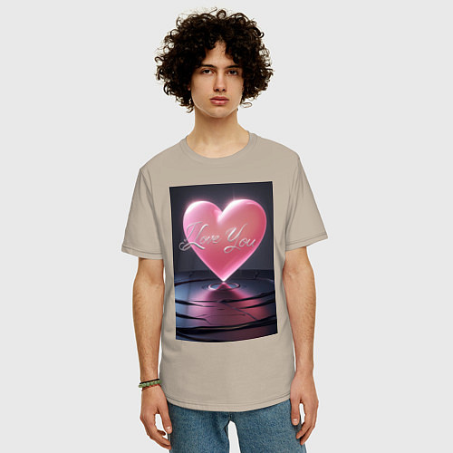 Мужская футболка оверсайз I love you с сердцем над поверхностью воды / Миндальный – фото 3