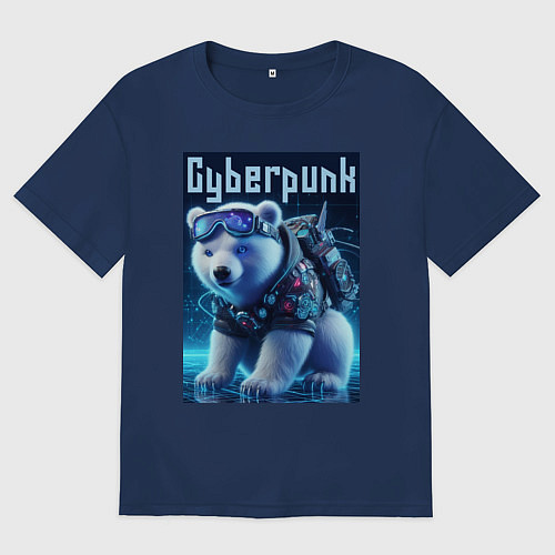 Мужская футболка оверсайз Белый медвежонок в стиле киберпанк / Тёмно-синий – фото 1