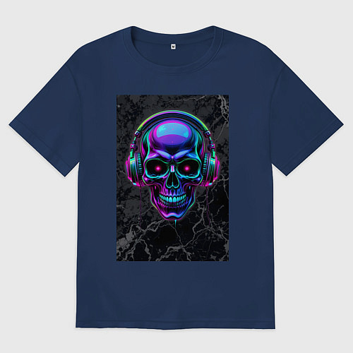 Мужская футболка оверсайз Неоновый череп в наушниках / Тёмно-синий – фото 1