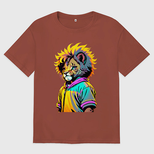 Мужская футболка оверсайз Прикольный львёнок - поп-арт / Кирпичный – фото 1